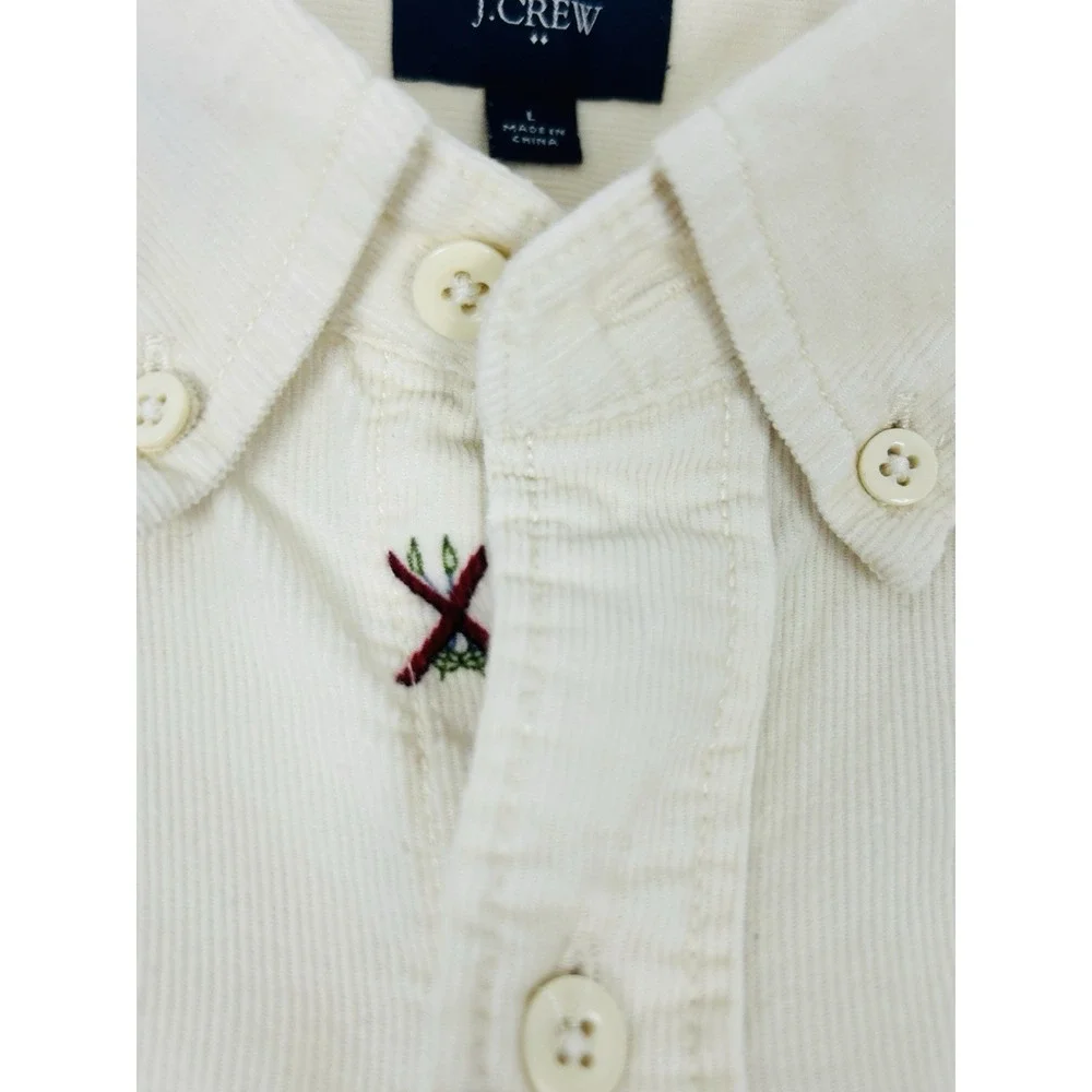 J. Crew Corduroy Shirt Mens Large Ivory Embroidered Ski Print Long Sleeve